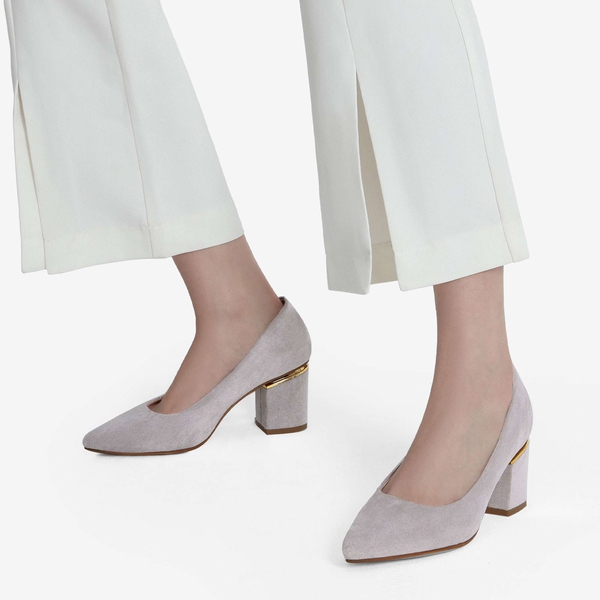 Elegant Block Heel Suede Pumps - GREY SUEDE - 1
